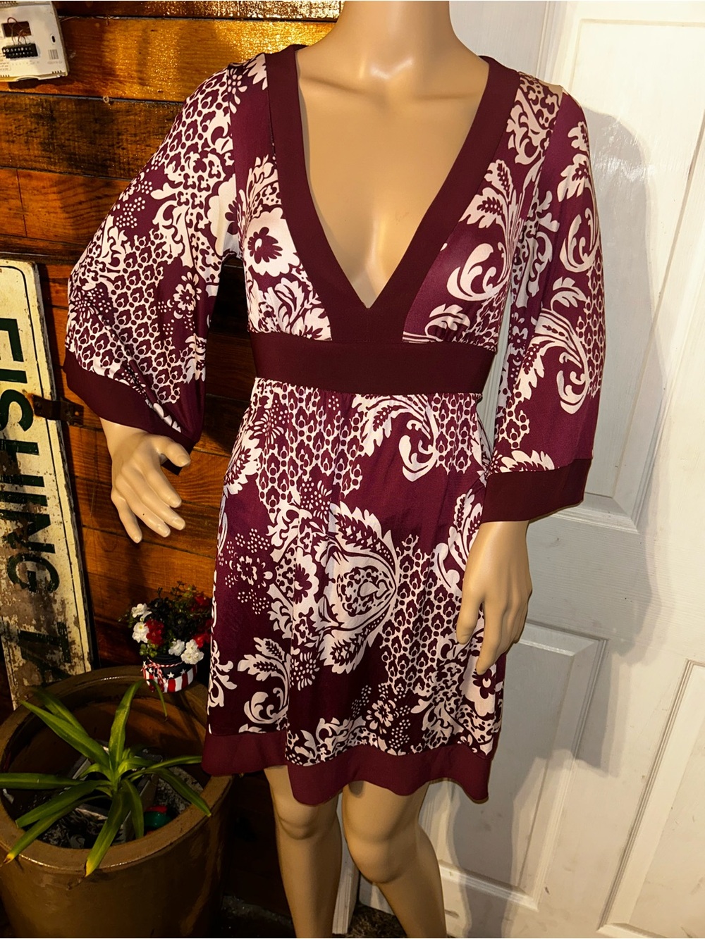 Y2k Burgundy and white floral and paisley print dress